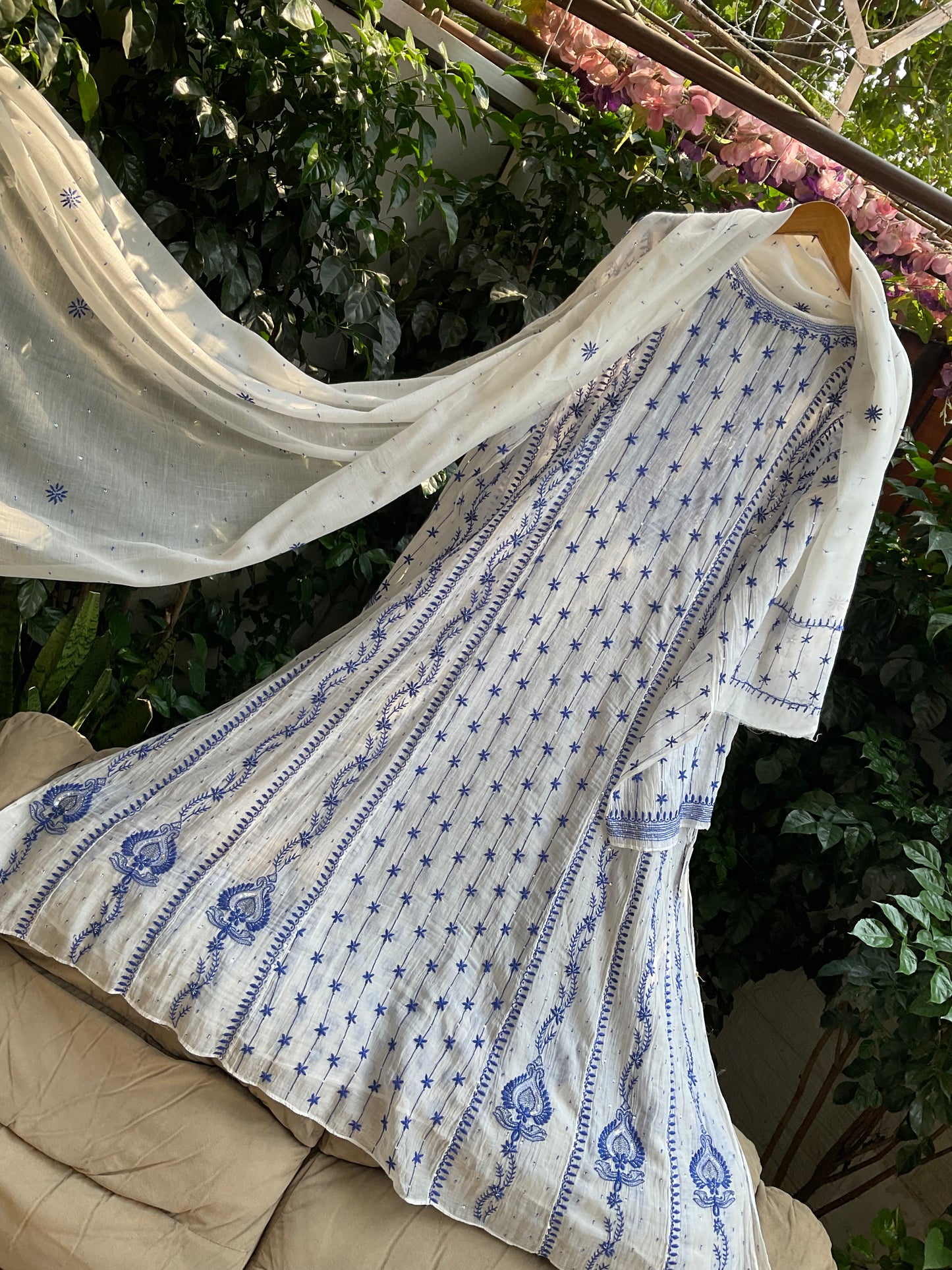 Ivory Chikankari Anarkali Set with Sequins Work & Front-Back Embroidery Detailing (Set of 3) (Stitched)