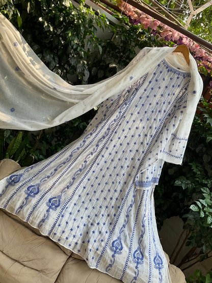 Ivory Chikankari Anarkali Set with Sequins Work & Front-Back Embroidery Detailing (Set of 3) (Stitched)