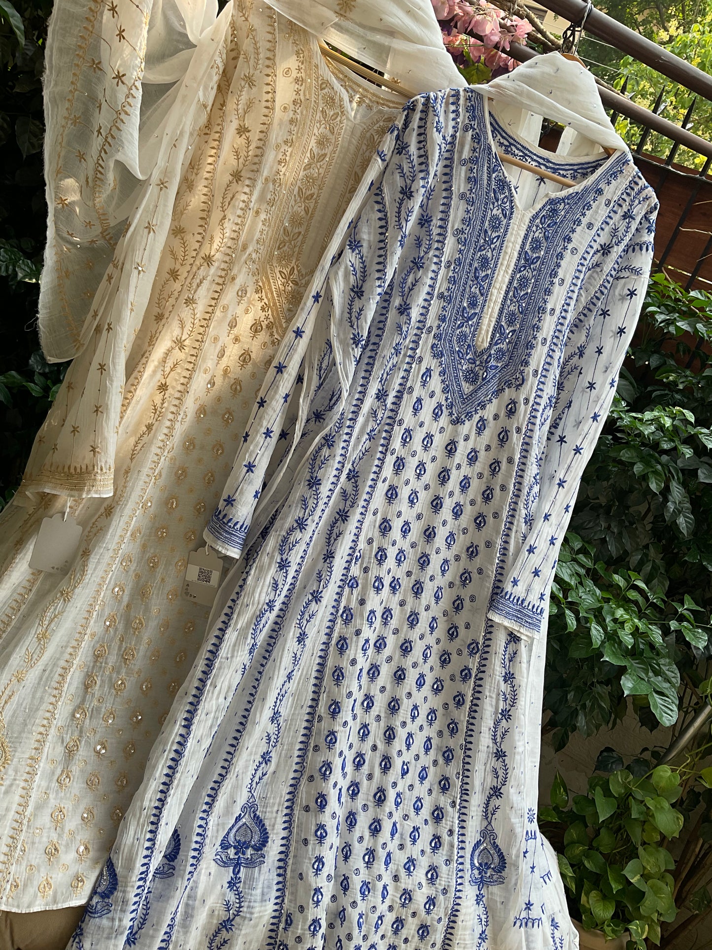 Ivory Chikankari Anarkali Set with Sequins Work & Front-Back Embroidery Detailing (Set of 3) (Stitched)