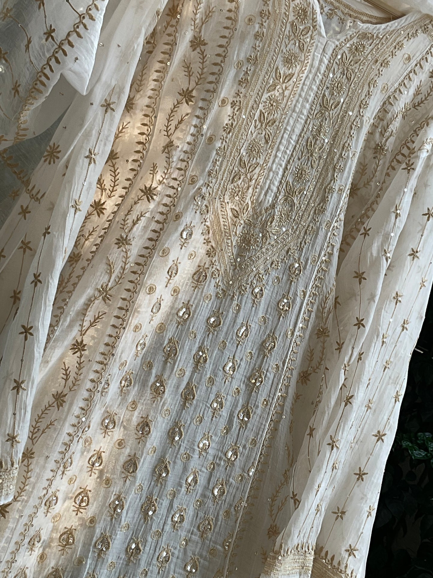 Ivory Chikankari Anarkali Set with Sequins Work & Front-Back Embroidery Detailing (Set of 3) (Stitched)