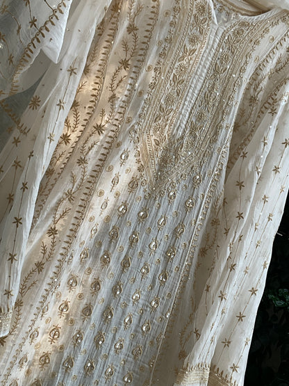 Ivory Chikankari Anarkali Set with Sequins Work & Front-Back Embroidery Detailing (Set of 3) (Stitched)