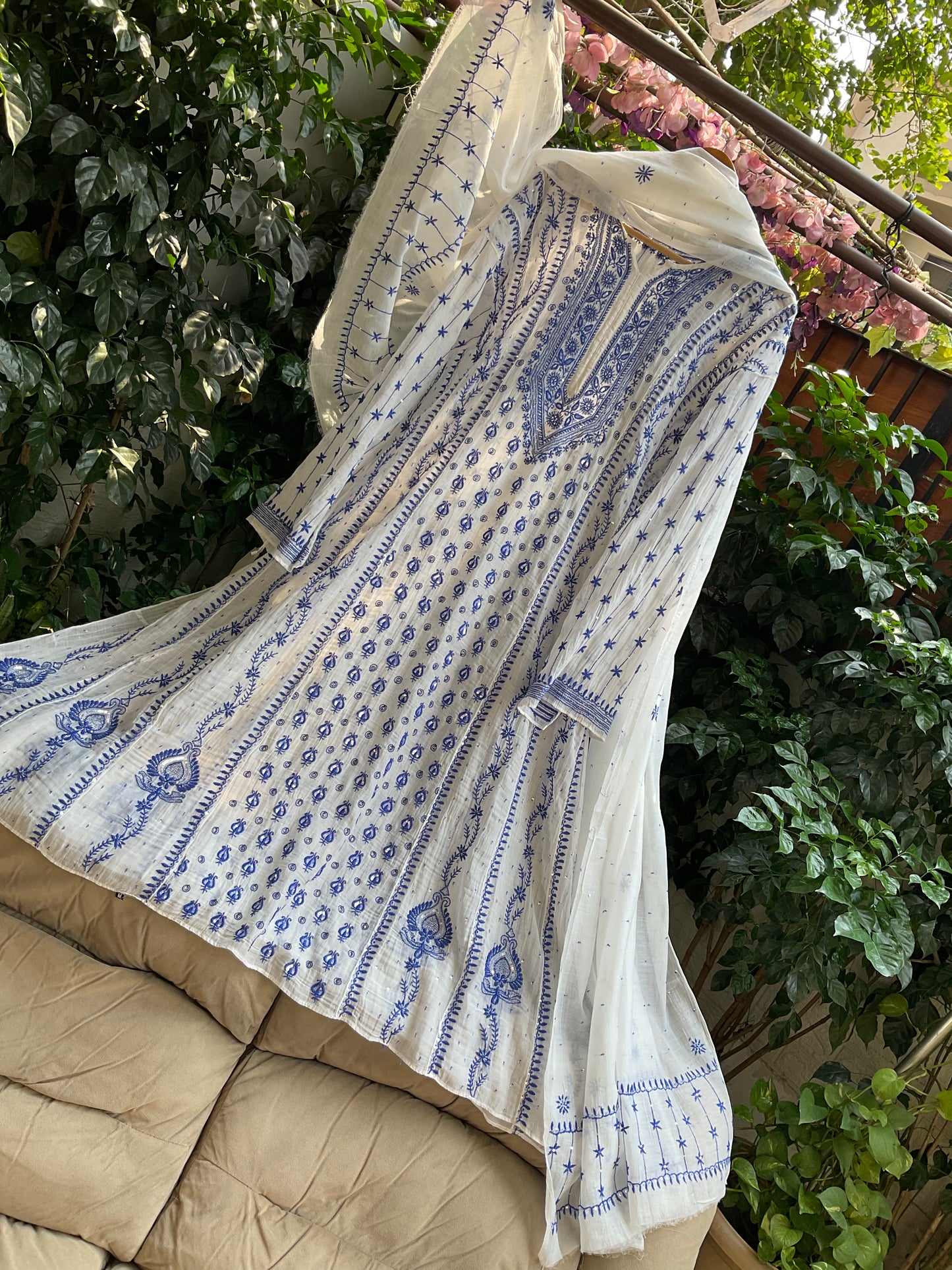 Ivory Chikankari Anarkali Set with Sequins Work & Front-Back Embroidery Detailing (Set of 3) (Stitched)