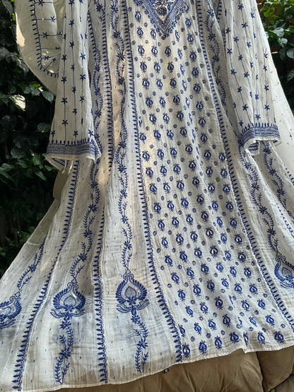 Ivory Chikankari Anarkali Set with Sequins Work & Front-Back Embroidery Detailing (Set of 3) (Stitched)