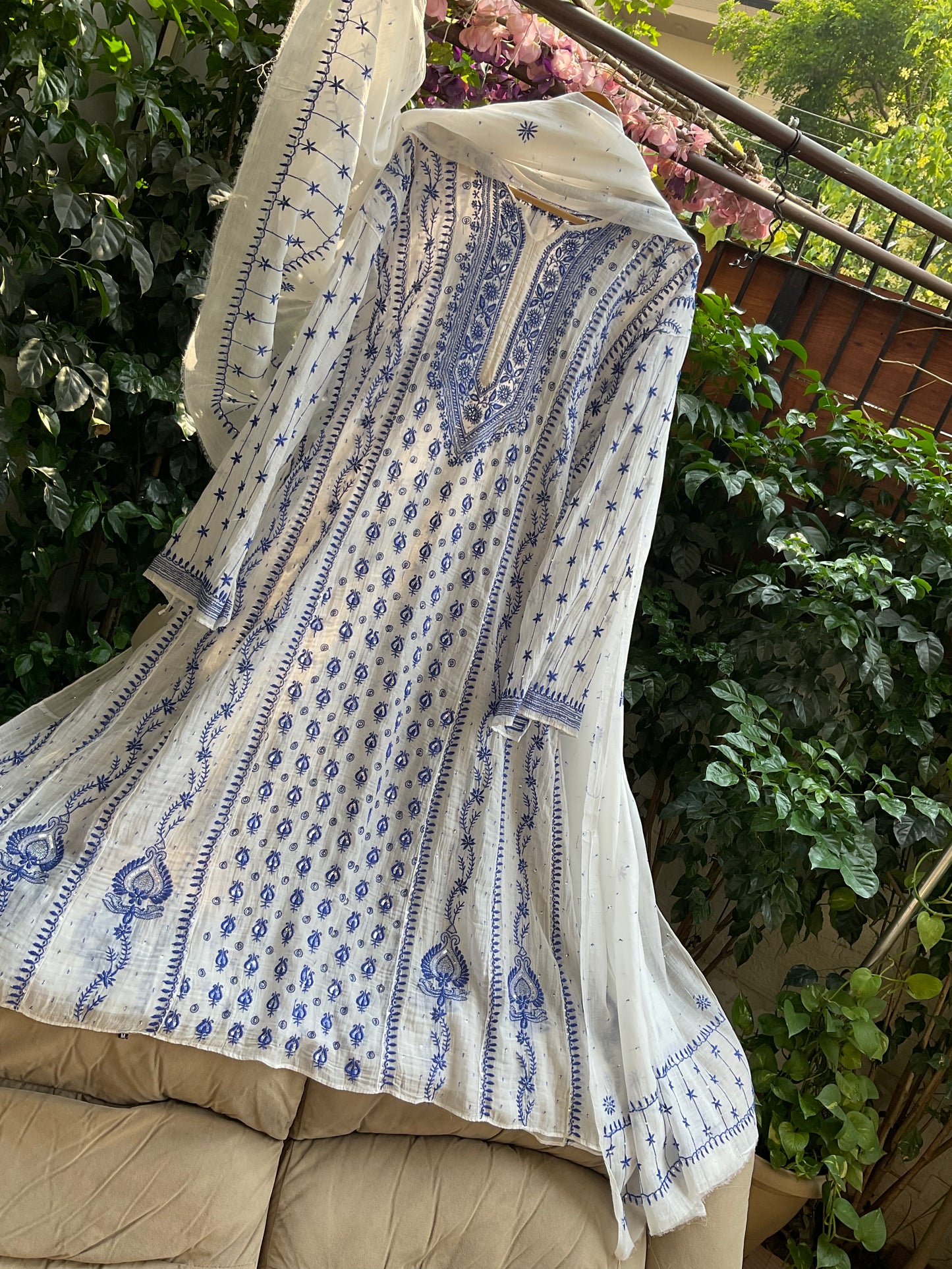 Ivory Chikankari Anarkali Set with Sequins Work & Front-Back Embroidery Detailing (Set of 3) (Stitched)