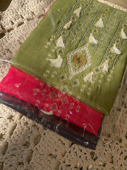 Cotton Lurex Suit Set with Mirror Work & Patola Print Dupatta (Set of 3) (Unstitched)