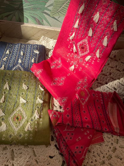 Cotton Lurex Suit Set with Mirror Work & Patola Print Dupatta (Set of 3) (Unstitched)