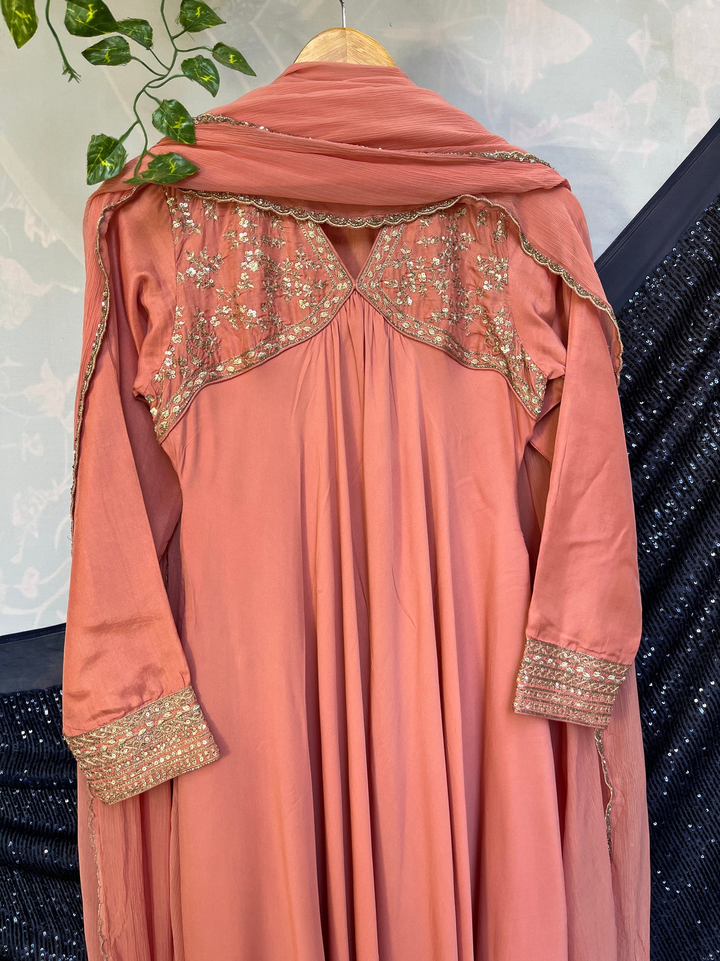 Coral pure crepe anarkali with Chiffon Dupatta