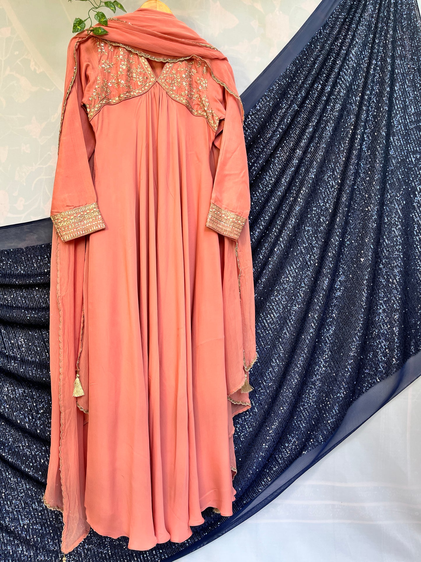 Coral pure crepe anarkali with Chiffon Dupatta
