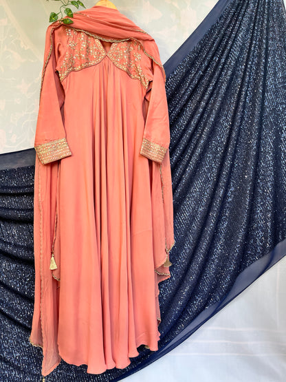 Coral pure crepe anarkali with Chiffon Dupatta