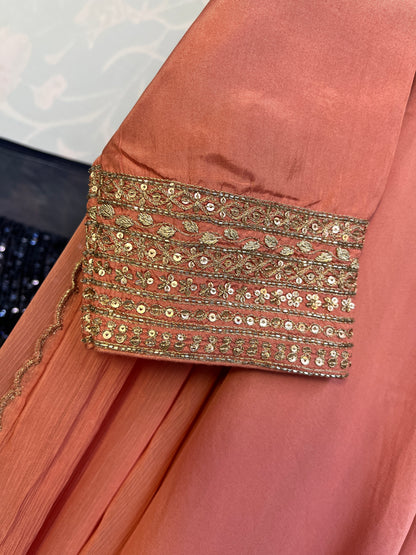 Coral pure crepe anarkali with Chiffon Dupatta