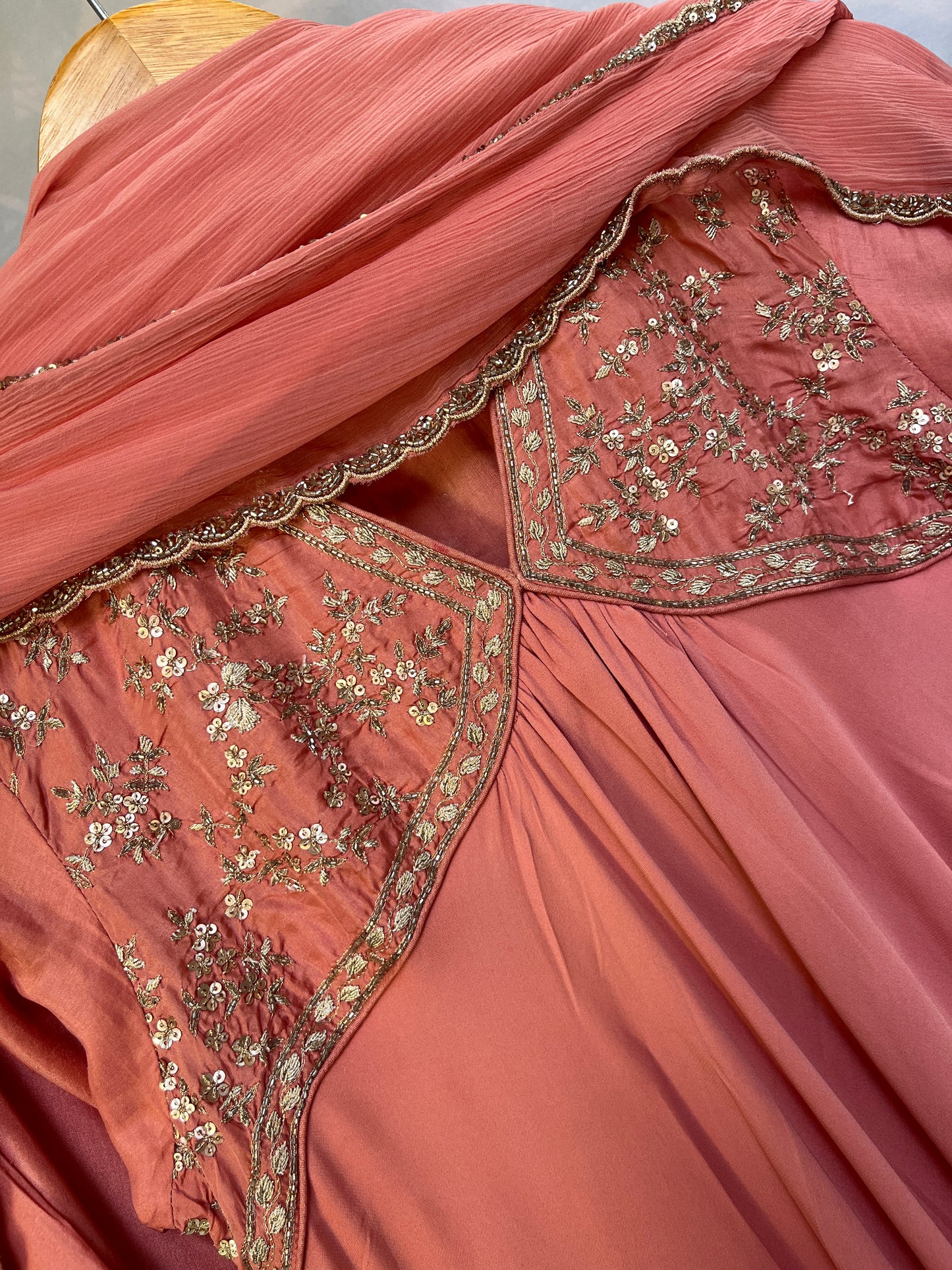 Coral pure crepe anarkali with Chiffon Dupatta