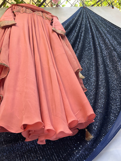 Coral pure crepe anarkali with Chiffon Dupatta