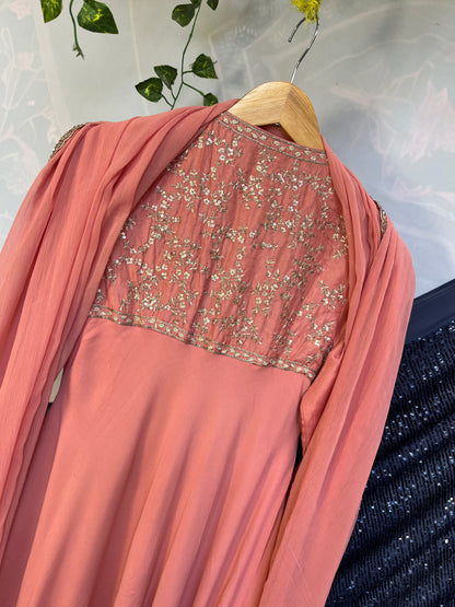 Coral pure crepe anarkali with Chiffon Dupatta