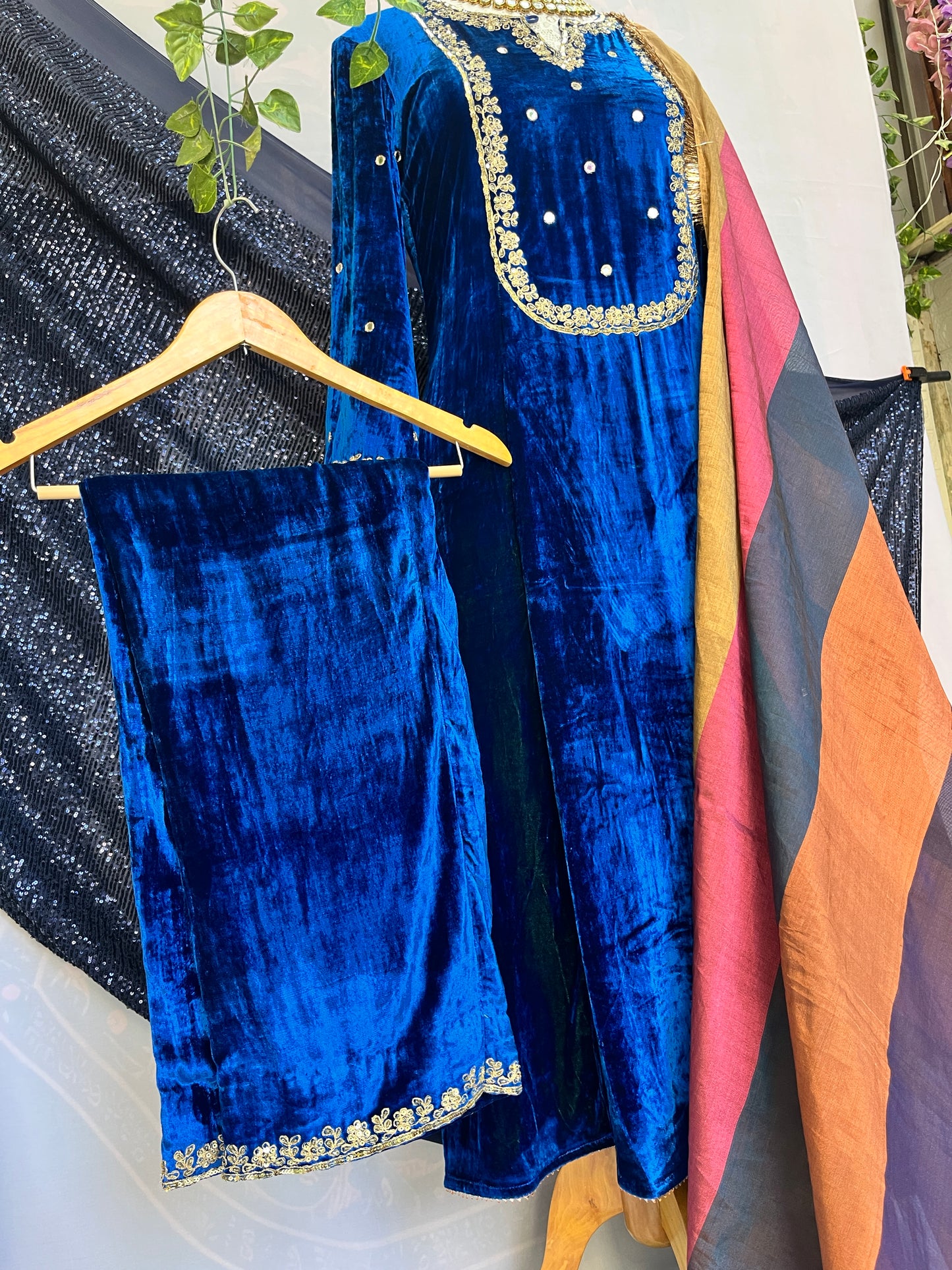 Regal Silk Velvet Suit with Ethereal Tissue Dupatta