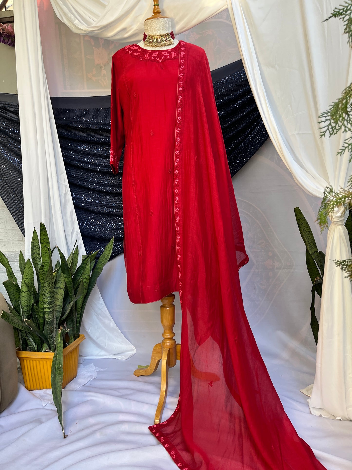 Red Chikankari kurta set