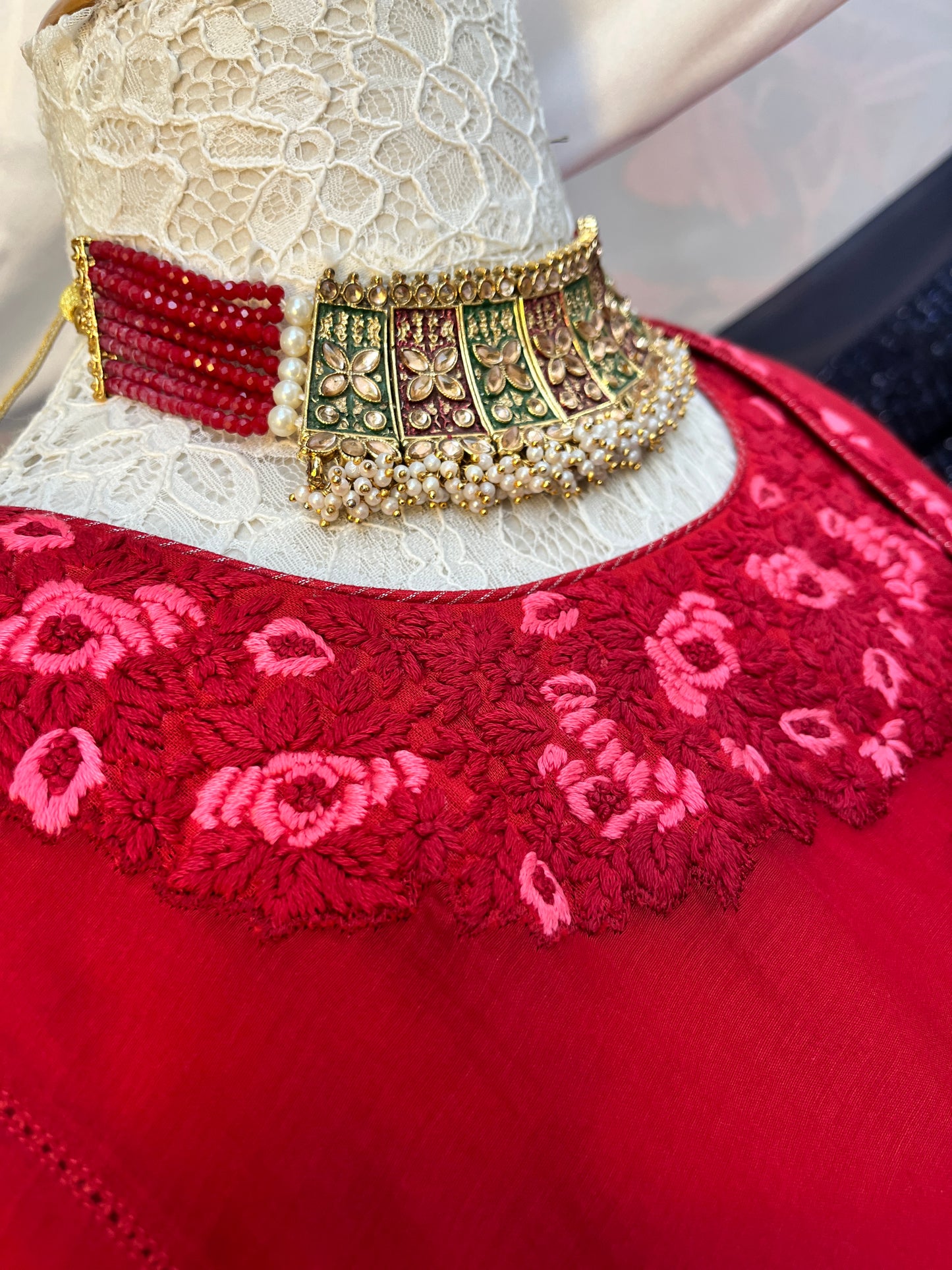 Red Chikankari kurta set