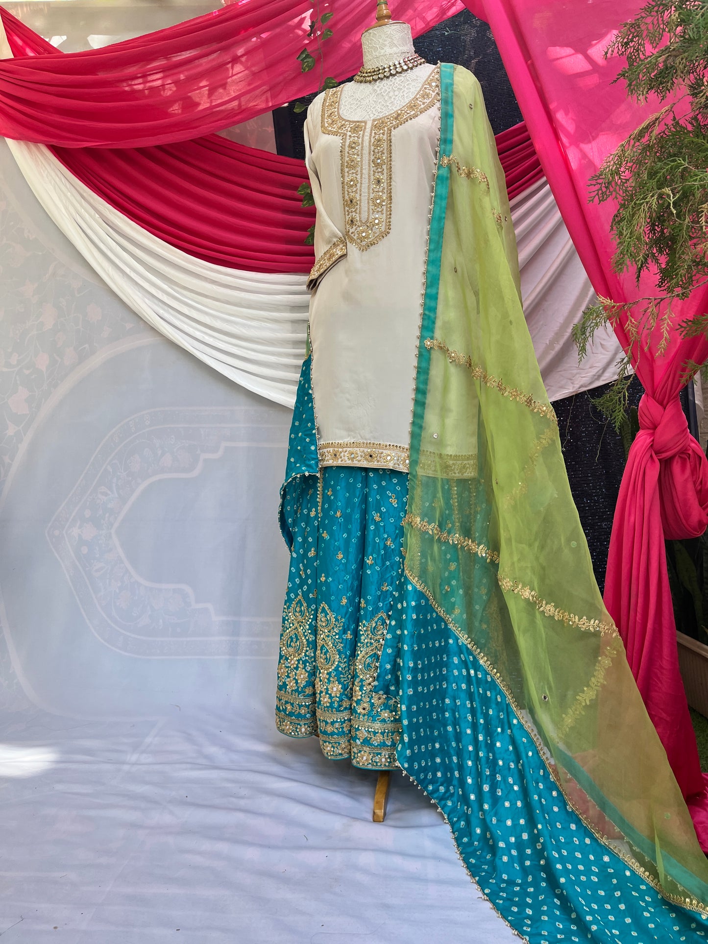 Beautiful Kurta with Silk Bandhani sharara