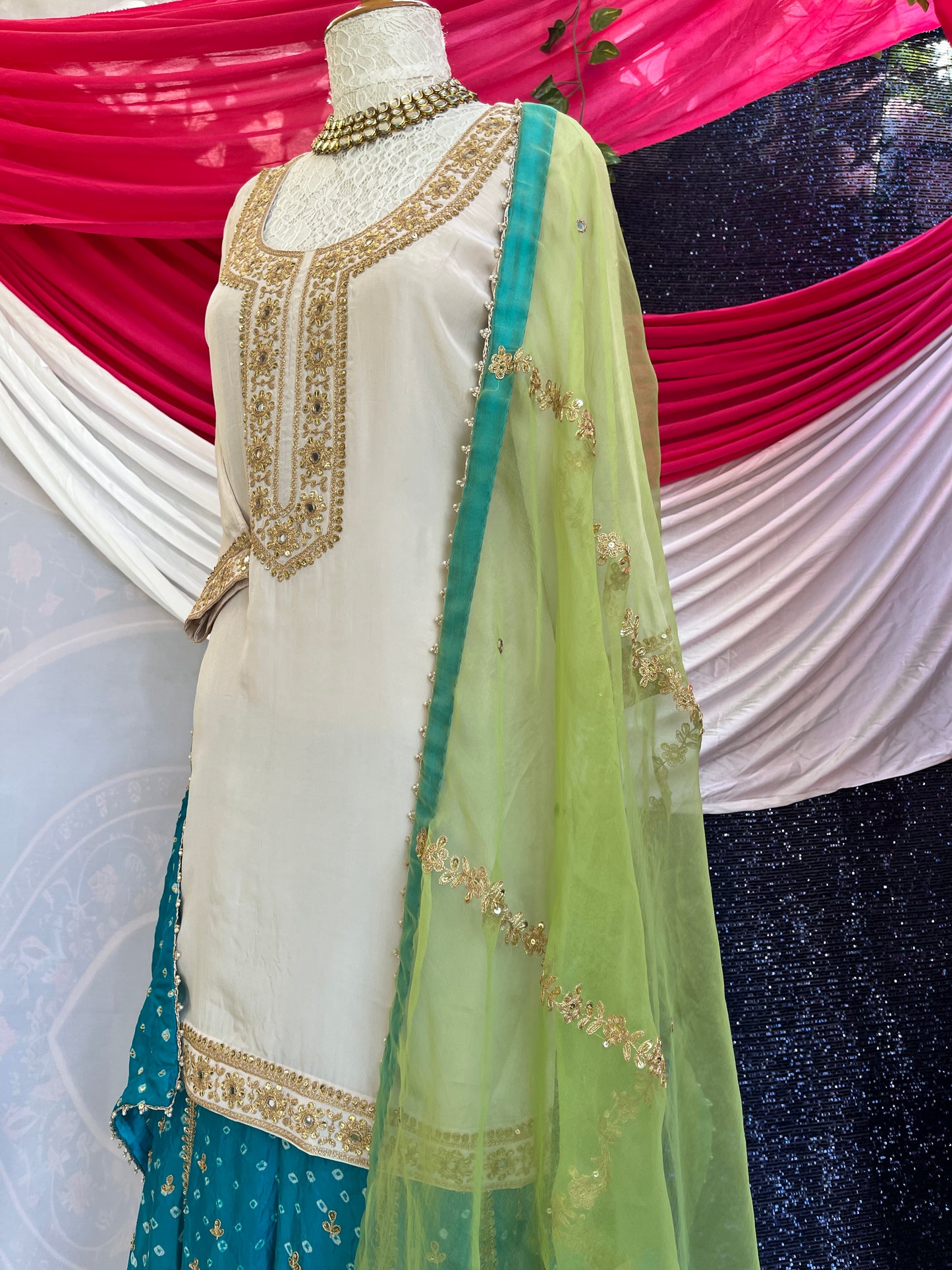 Beautiful Kurta with Silk Bandhani sharara