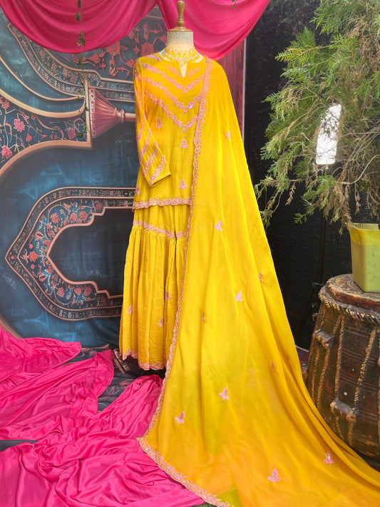 Mustard Yellow Garara Set with Organza Dupatta