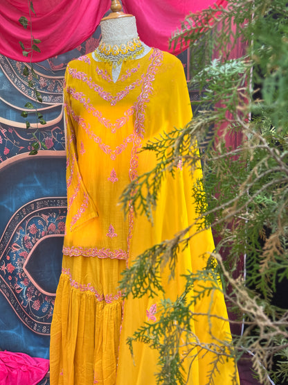 Mustard Yellow Garara Set with Organza Dupatta