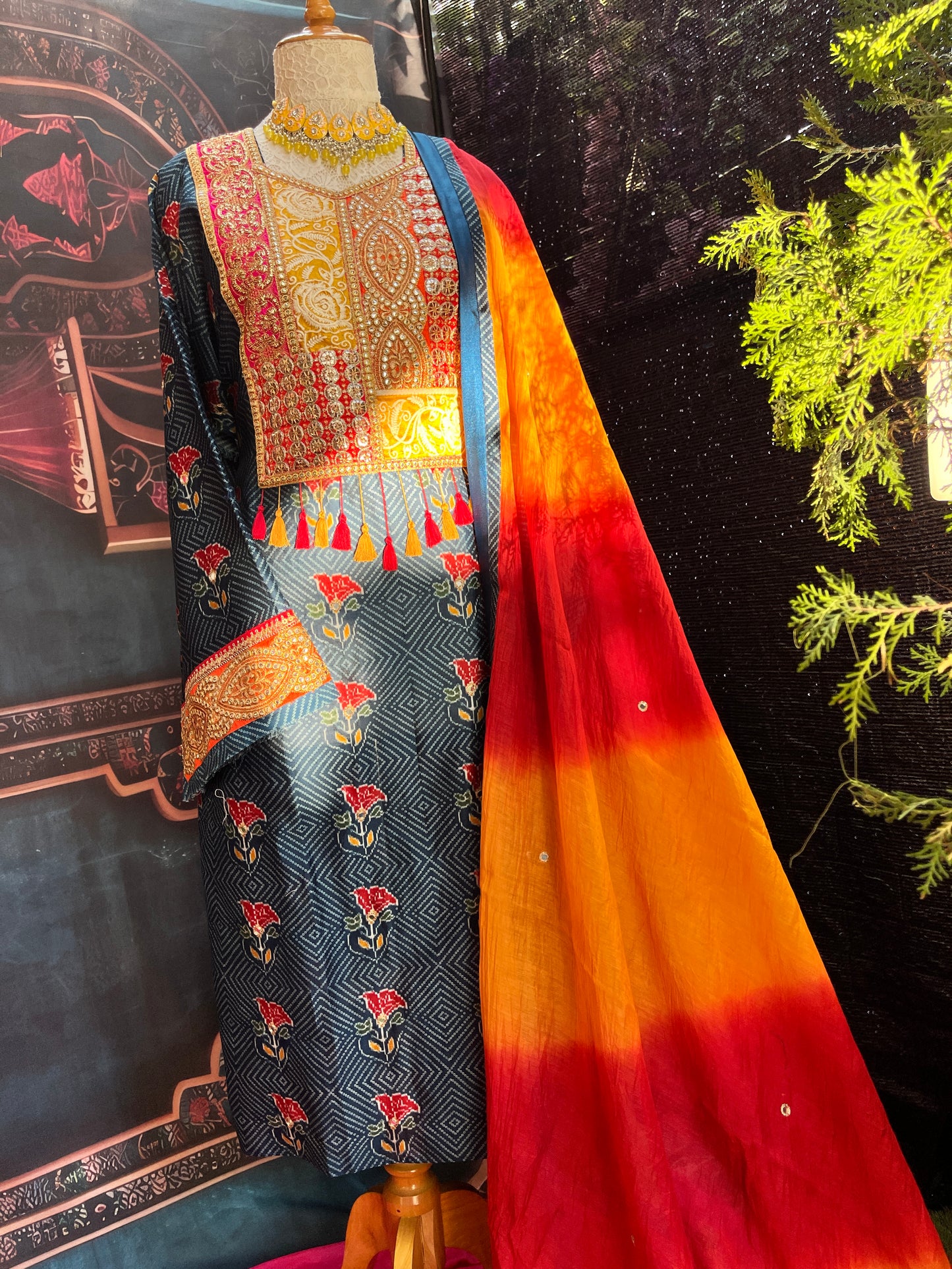 Cotton Silk Bandhani Kurta Set with Mirror Work & Mulmul Dupatta