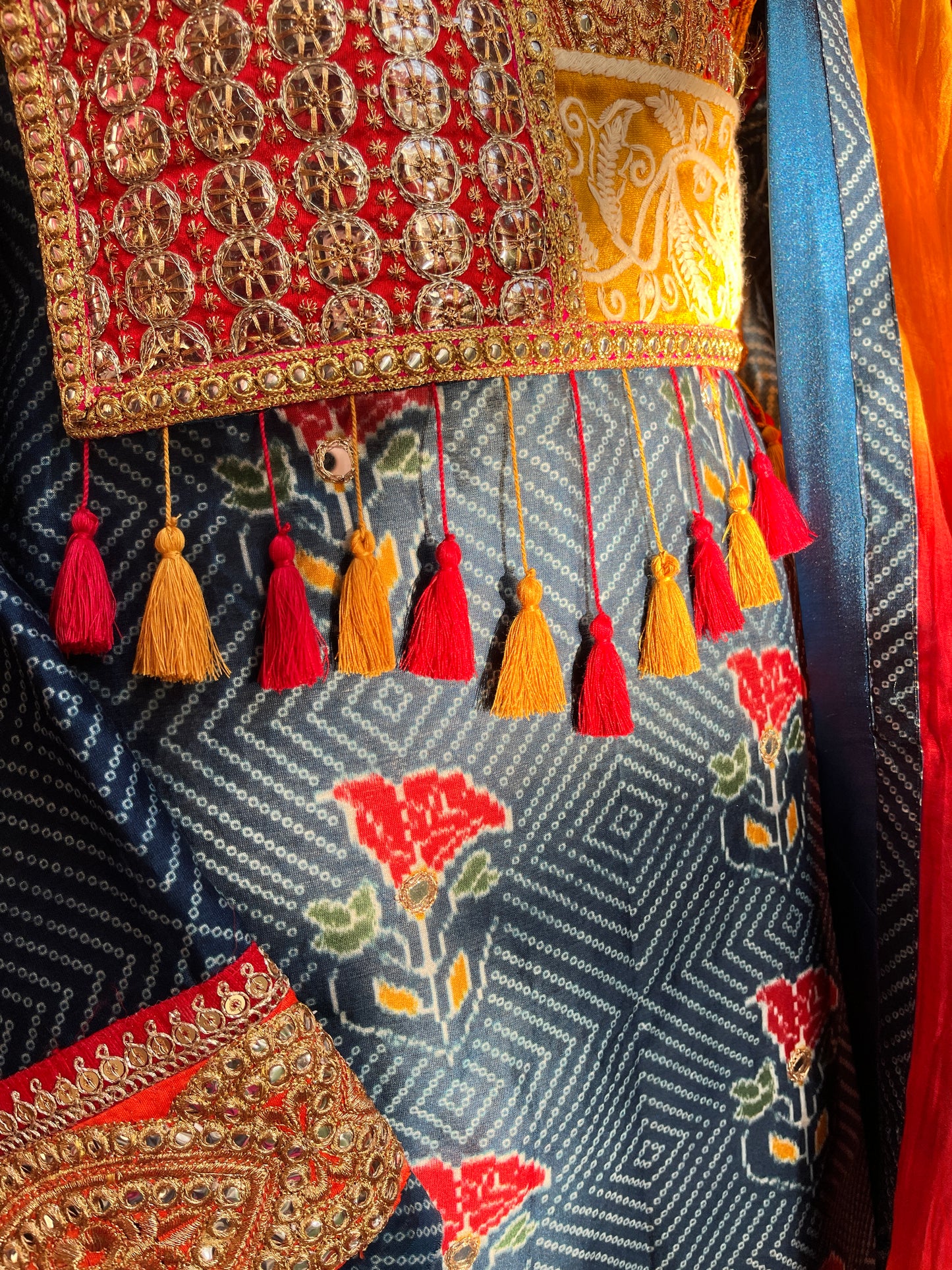 Cotton Silk Bandhani Kurta Set with Mirror Work & Mulmul Dupatta