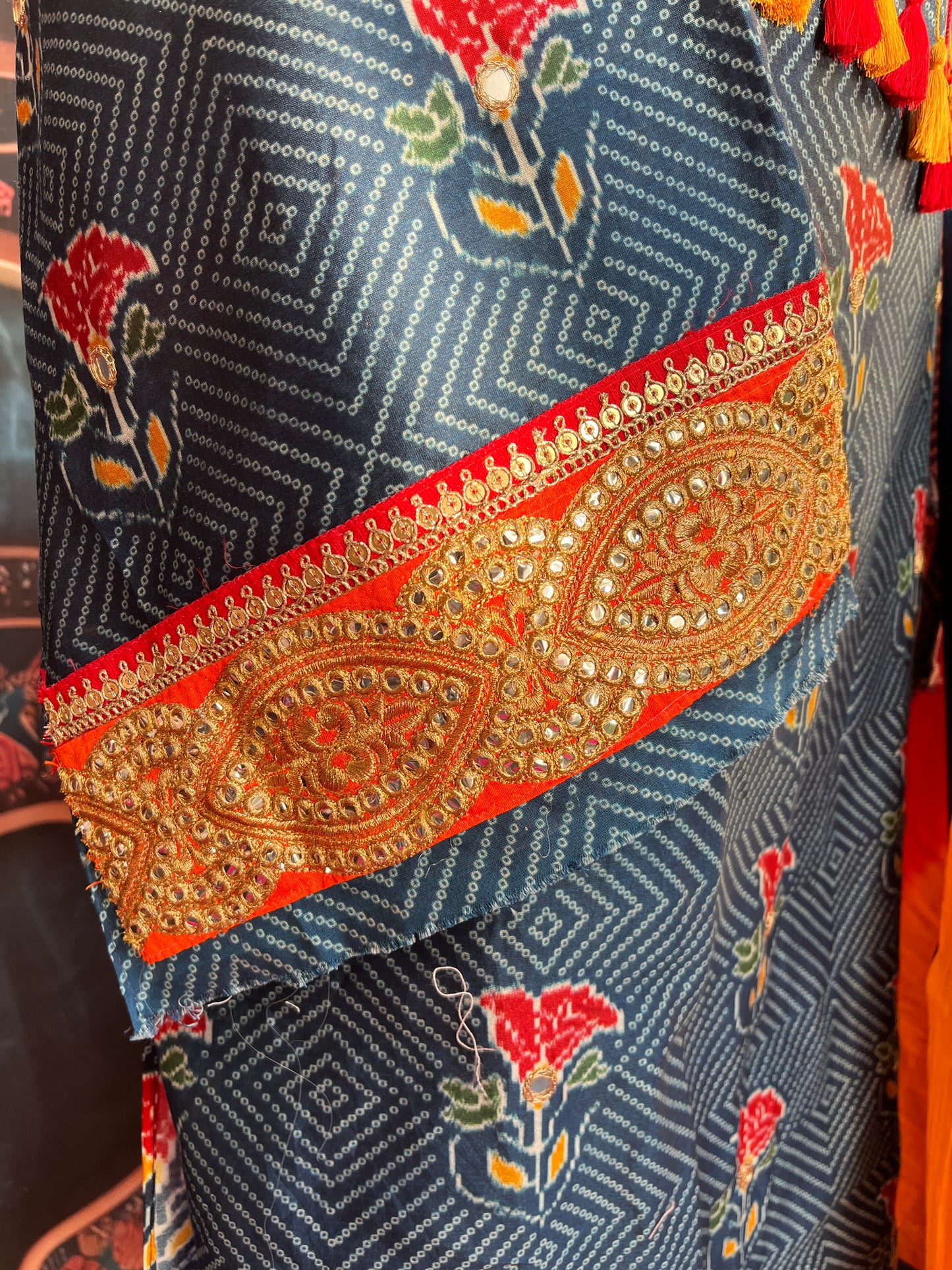 Cotton Silk Bandhani Kurta Set with Mirror Work & Mulmul Dupatta