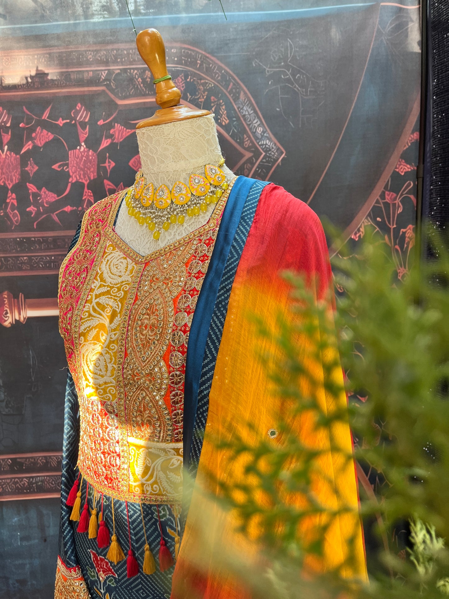 Cotton Silk Bandhani Kurta Set with Mirror Work & Mulmul Dupatta