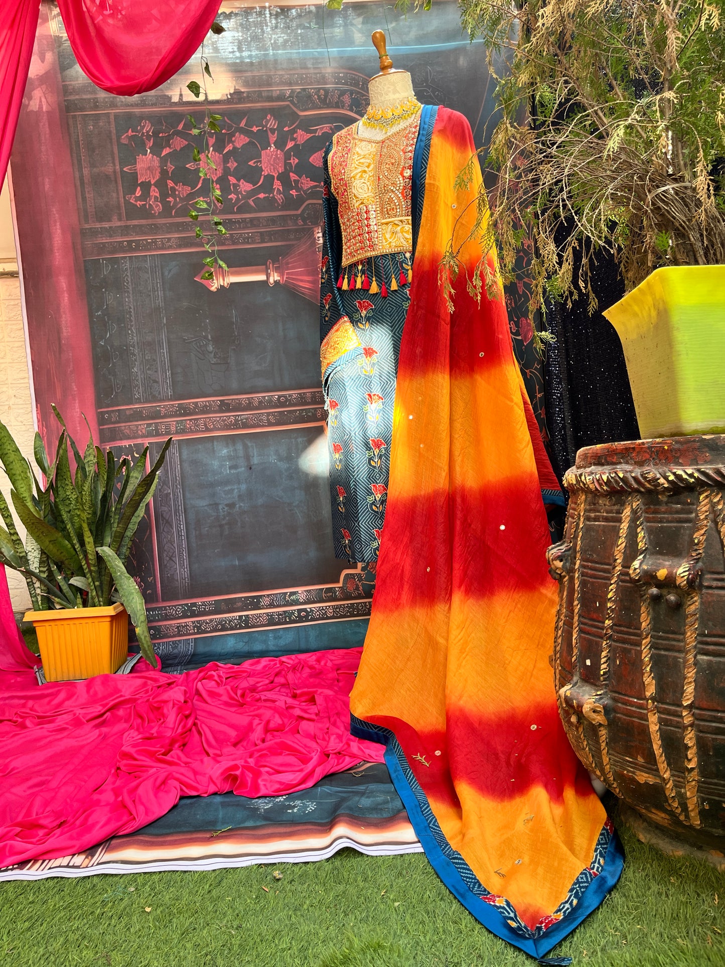 Cotton Silk Bandhani Kurta Set with Mirror Work & Mulmul Dupatta