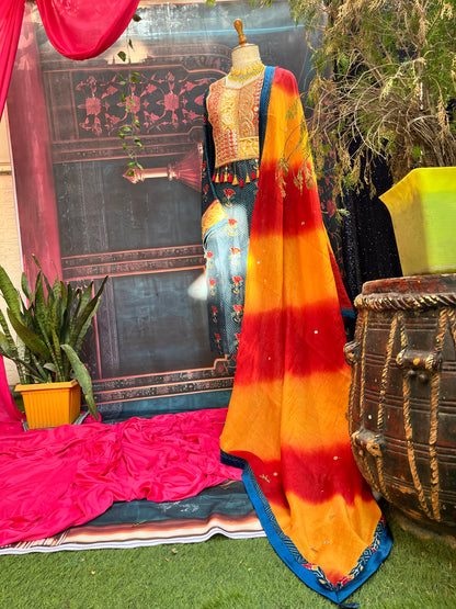 Cotton Silk Bandhani Kurta Set with Mirror Work & Mulmul Dupatta