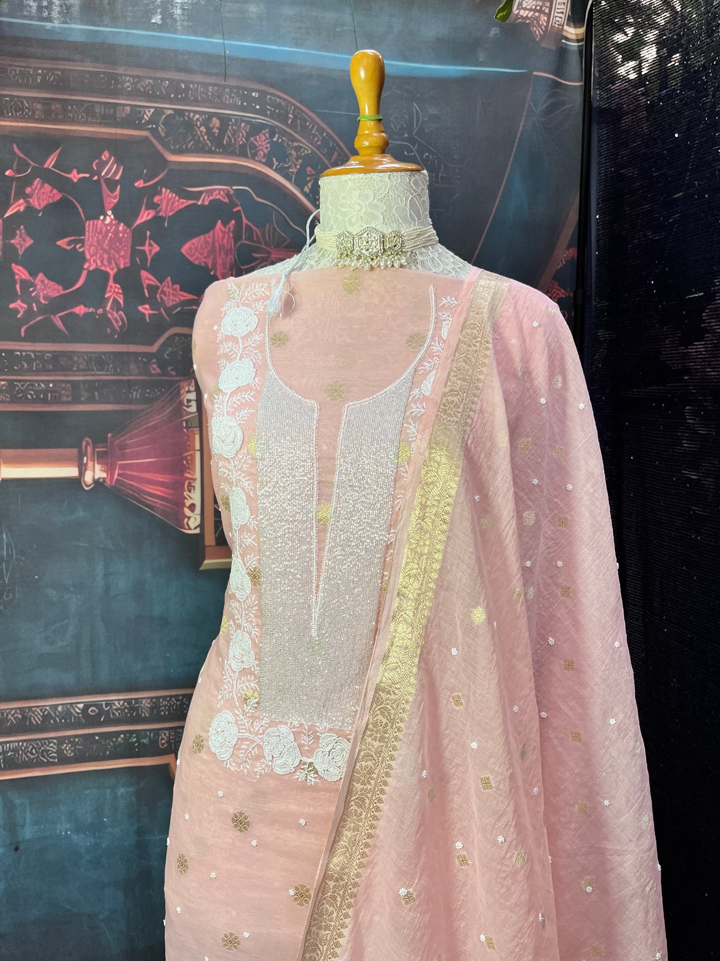 peach kurta set with Cutdana and Moti work