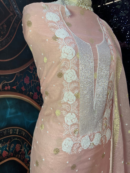 peach kurta set with Cutdana and Moti work