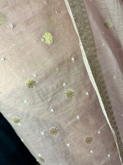 peach kurta set with Cutdana and Moti work