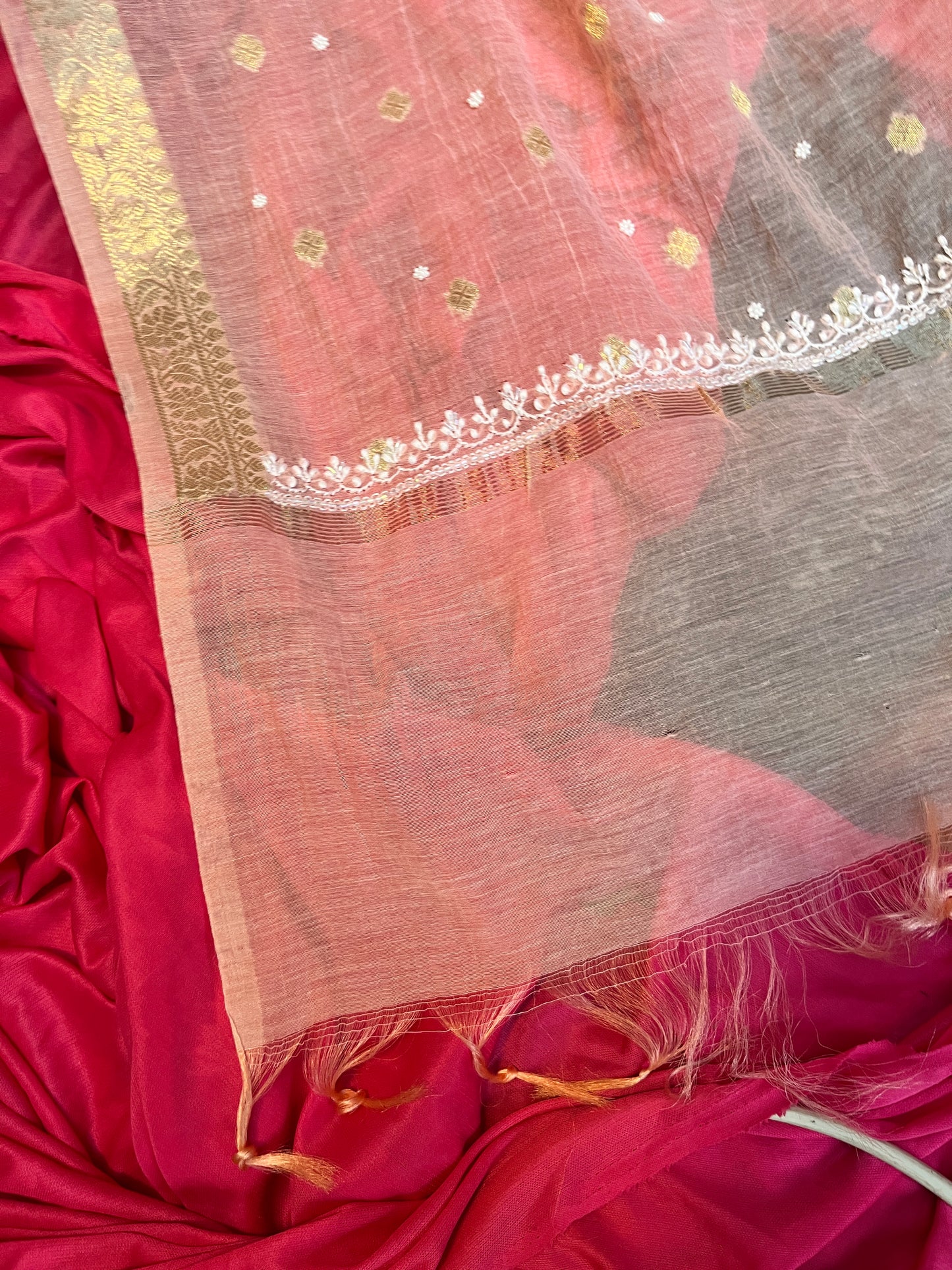 peach kurta set with Cutdana and Moti work