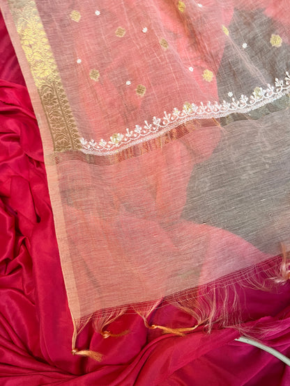 peach kurta set with Cutdana and Moti work