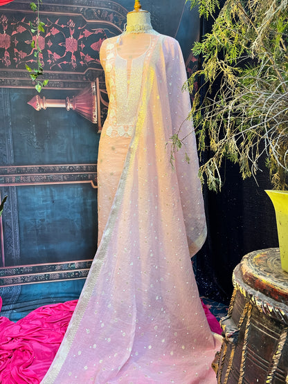 peach kurta set with Cutdana and Moti work