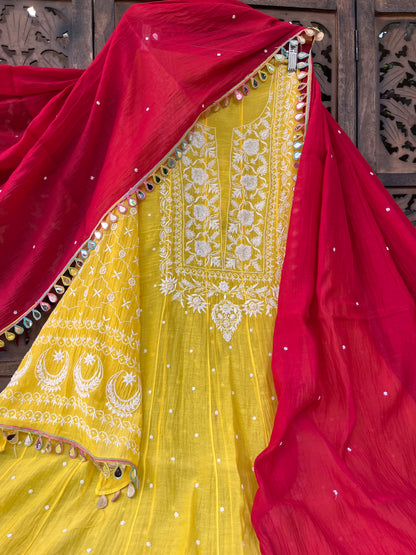 Pure Mulmul Anarkali Suit Set with Chikankari & Pearl Embellishments with Mirror Lace Dupatta (Set of 3) (Semi-Stitched)