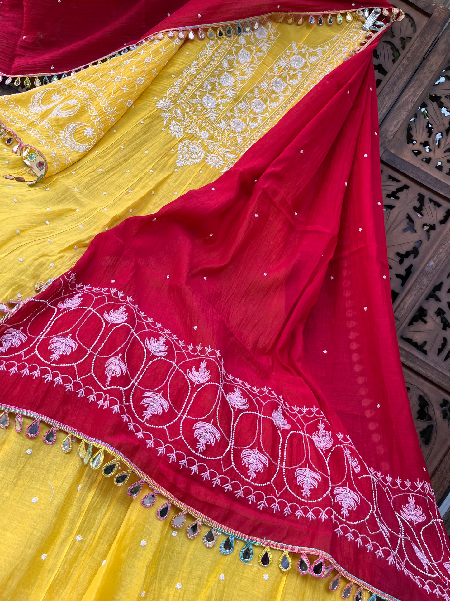 Pure Mulmul Anarkali Suit Set with Chikankari & Pearl Embellishments with Mirror Lace Dupatta (Set of 3) (Semi-Stitched)