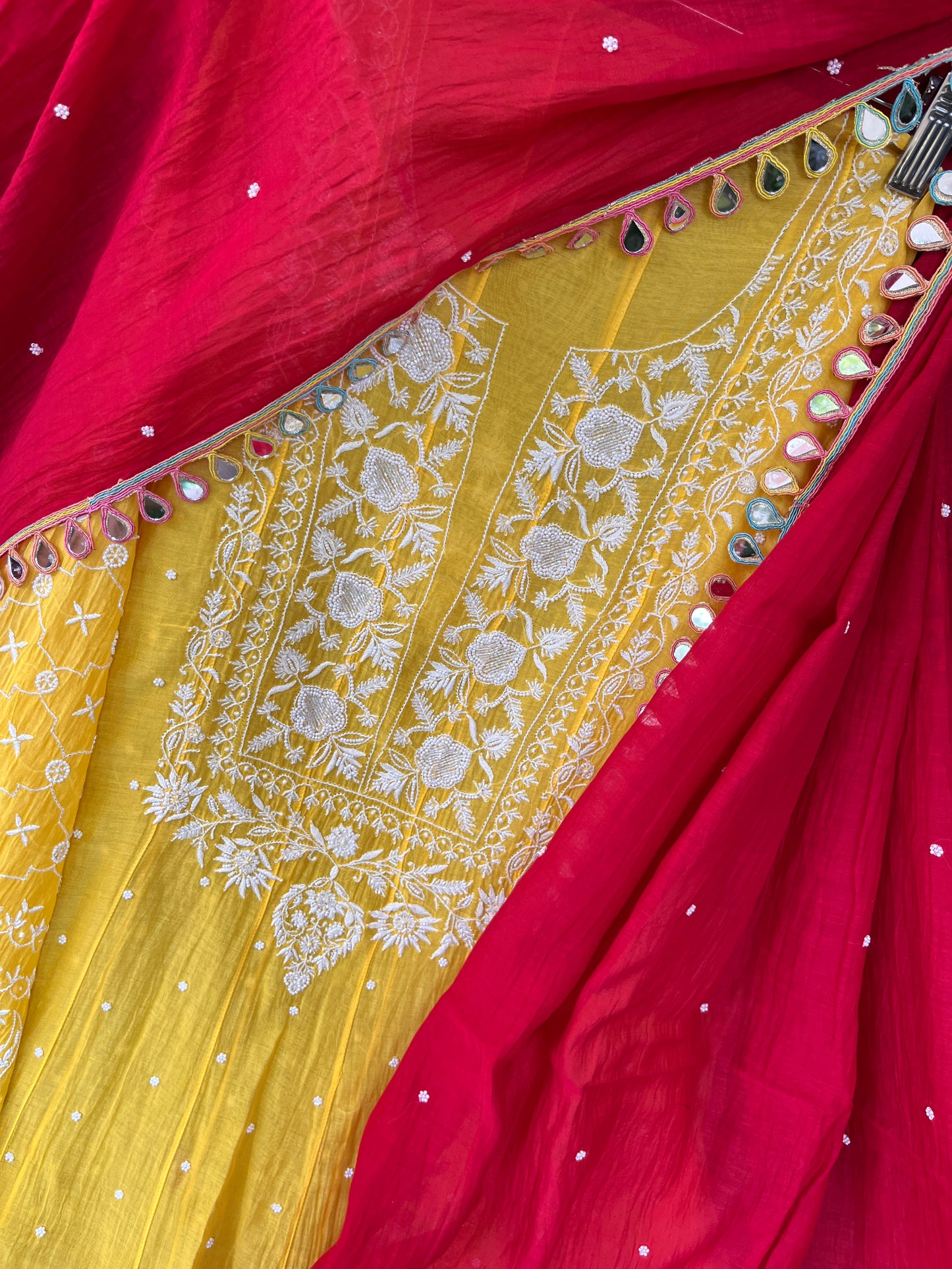 Pure Mulmul Anarkali Suit Set with Chikankari & Pearl Embellishments with Mirror Lace Dupatta (Set of 3) (Semi-Stitched)