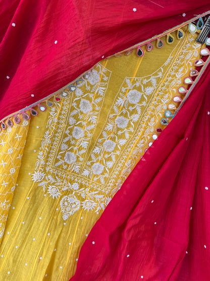 Pure Mulmul Anarkali Suit Set with Chikankari & Pearl Embellishments with Mirror Lace Dupatta (Set of 3) (Semi-Stitched)