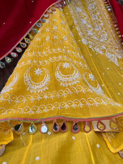 Pure Mulmul Anarkali Suit Set with Chikankari & Pearl Embellishments with Mirror Lace Dupatta (Set of 3) (Semi-Stitched)