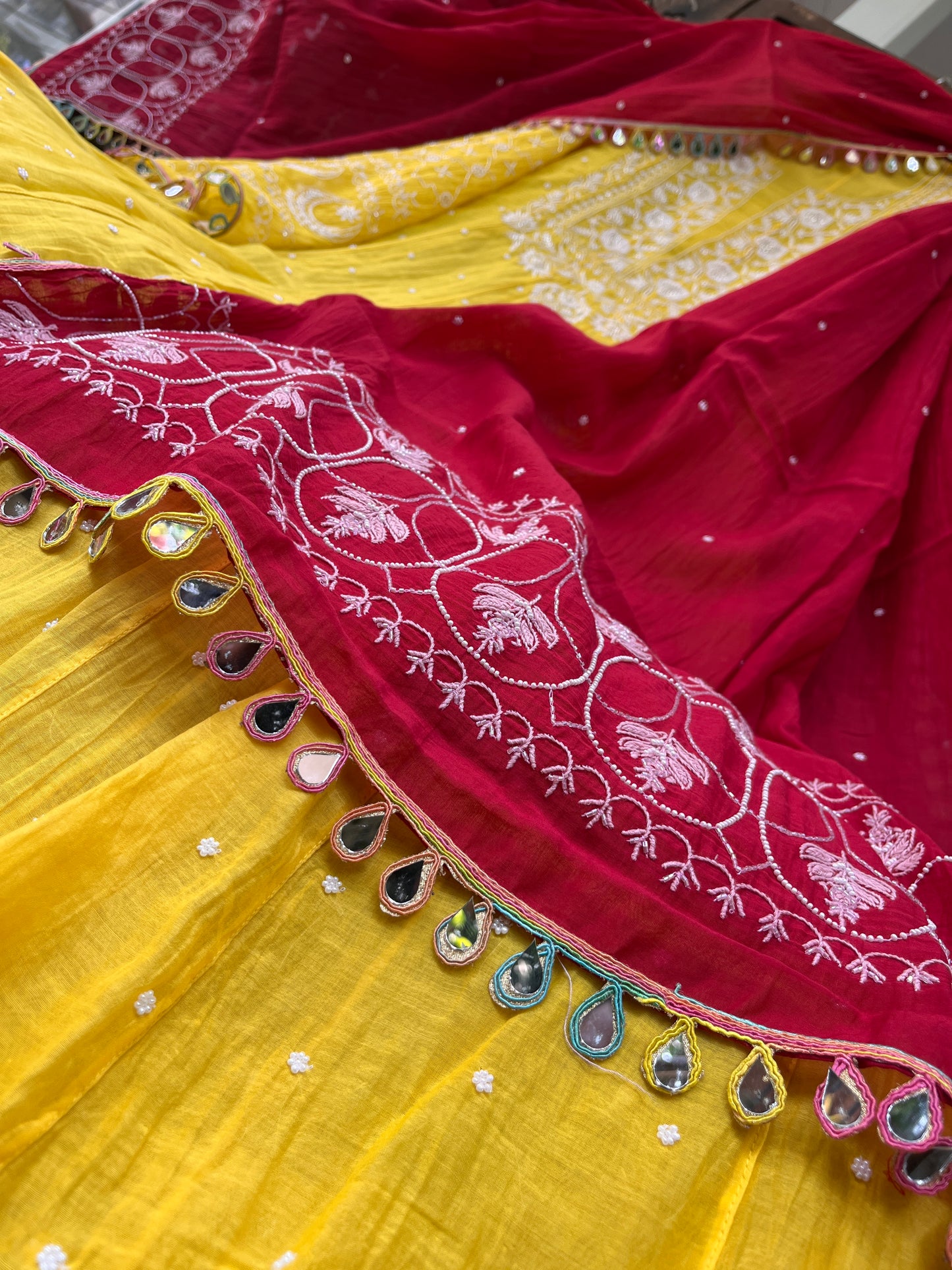 Pure Mulmul Anarkali Suit Set with Chikankari & Pearl Embellishments with Mirror Lace Dupatta (Set of 3) (Semi-Stitched)
