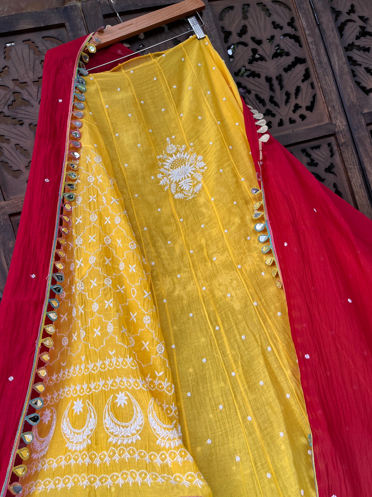 Pure Mulmul Anarkali Suit Set with Chikankari & Pearl Embellishments with Mirror Lace Dupatta (Set of 3) (Semi-Stitched)