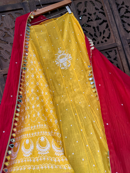 Pure Mulmul Anarkali Suit Set with Chikankari & Pearl Embellishments with Mirror Lace Dupatta (Set of 3) (Semi-Stitched)