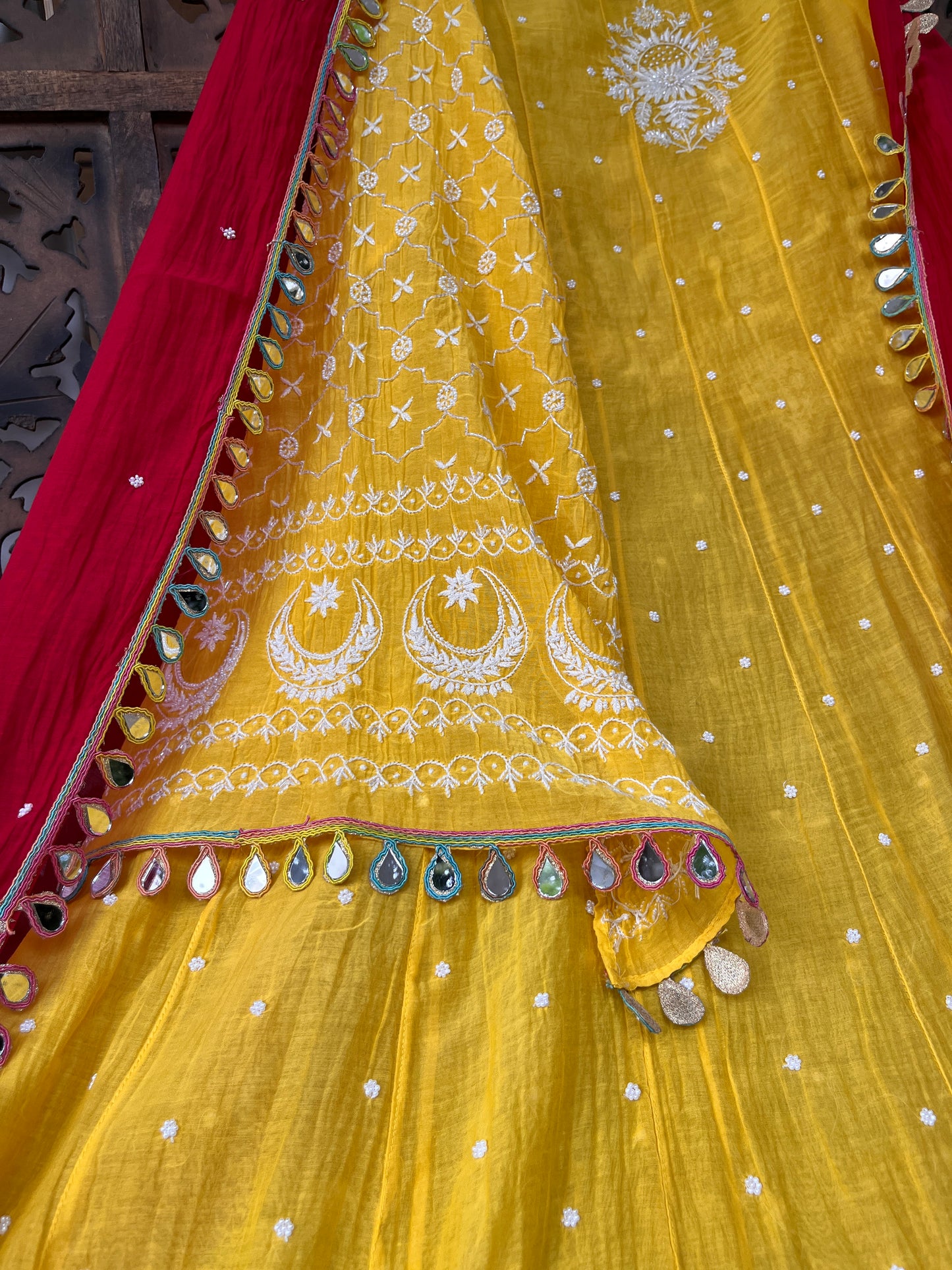 Pure Mulmul Anarkali Suit Set with Chikankari & Pearl Embellishments with Mirror Lace Dupatta (Set of 3) (Semi-Stitched)