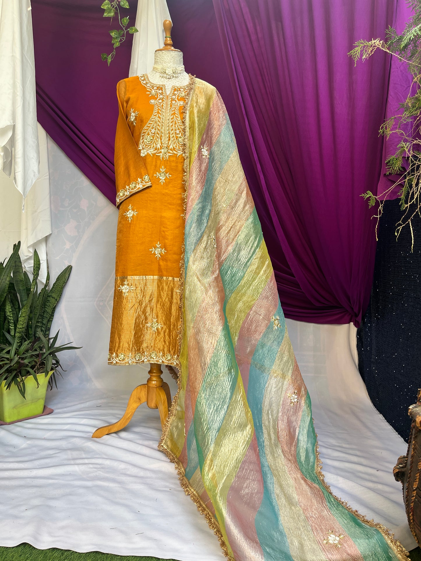 Mustard Tissue Kurta Set with Multicolor Dupatta & Brocket Pants