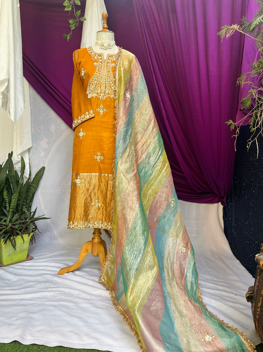 Mustard Tissue Kurta Set with Multicolor Dupatta & Brocket Pants