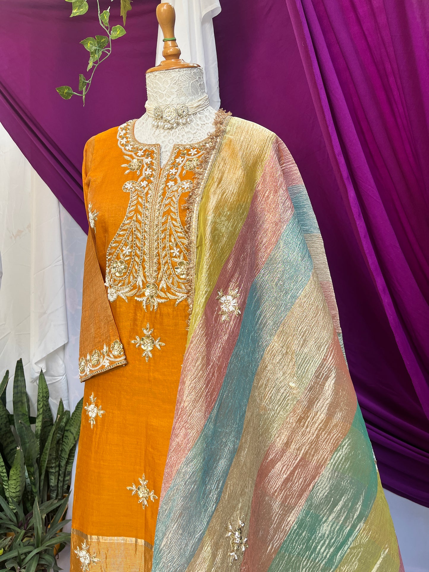 Mustard Tissue Kurta Set with Multicolor Dupatta & Brocket Pants