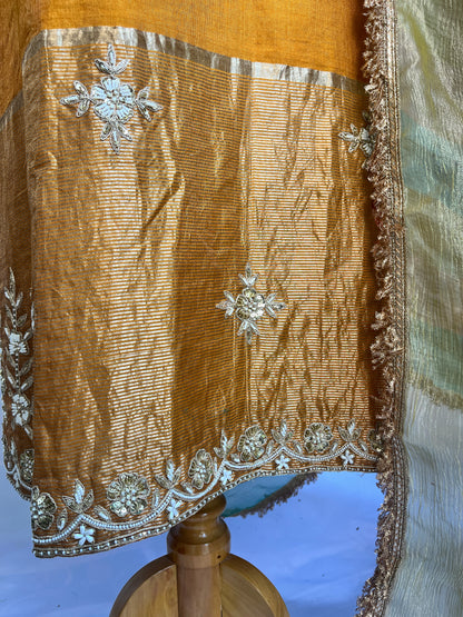 Mustard Tissue Kurta Set with Multicolor Dupatta & Brocket Pants