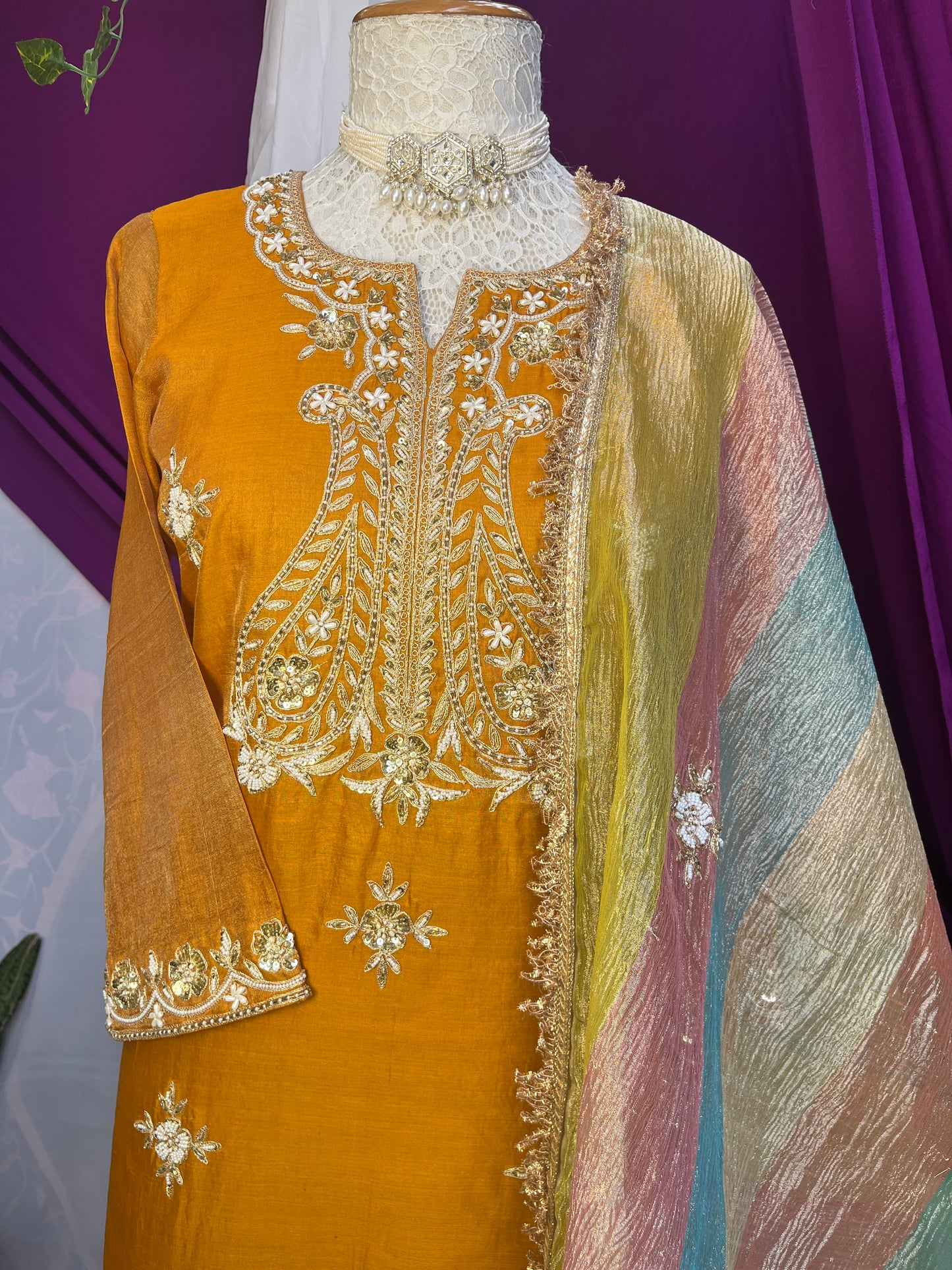 Mustard Tissue Kurta Set with Multicolor Dupatta & Brocket Pants